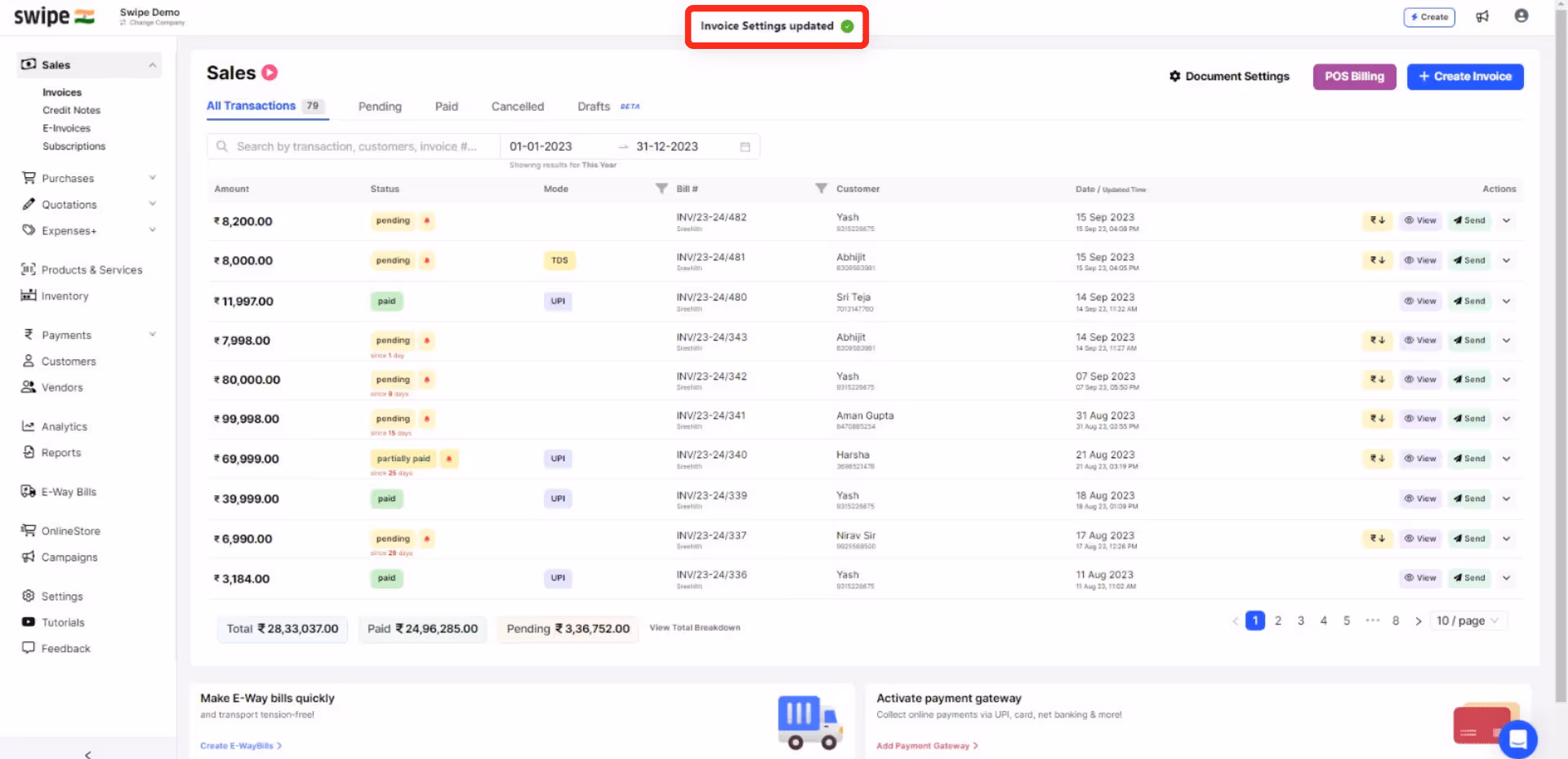 invoice settings updated