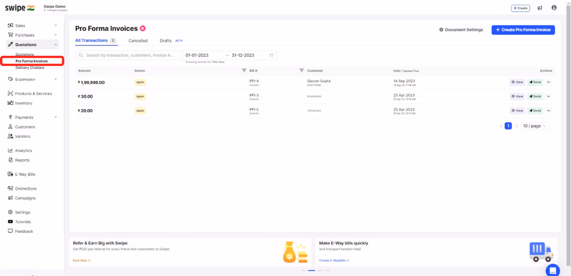 go to proforma invoices