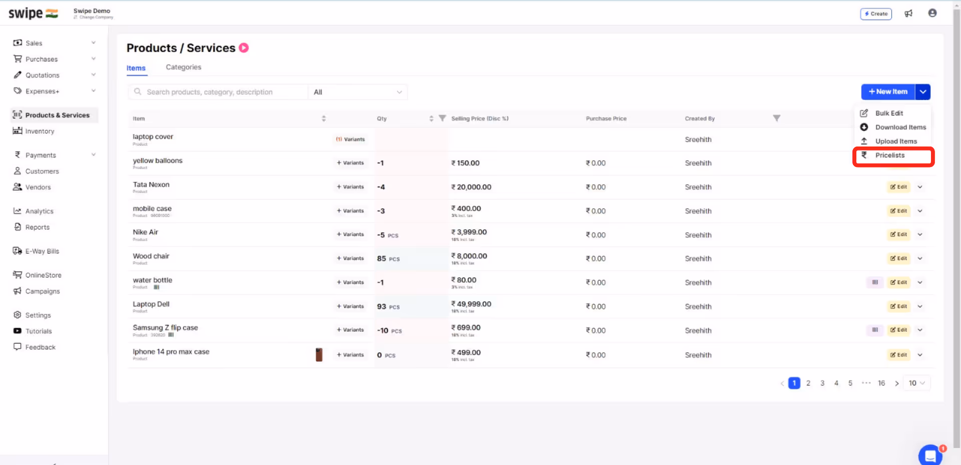 select price lists