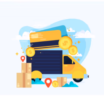 Graphical representation of a truck delivering products and money.