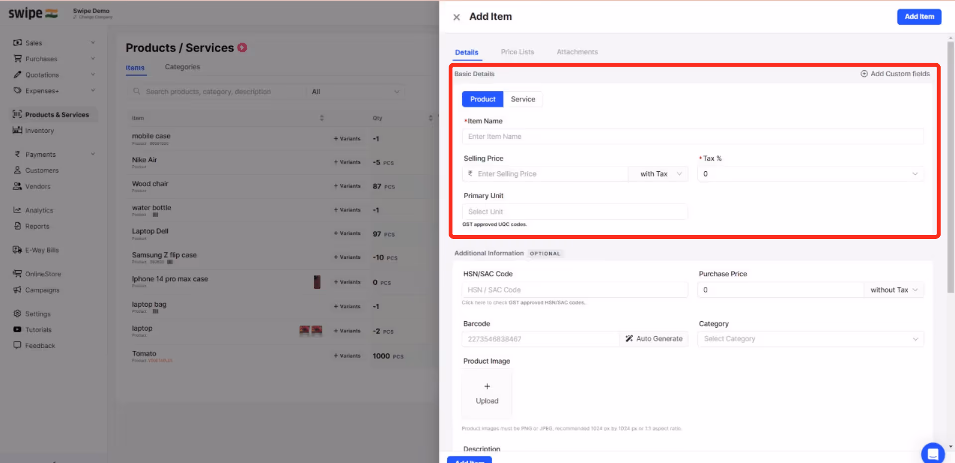 fill in the product details