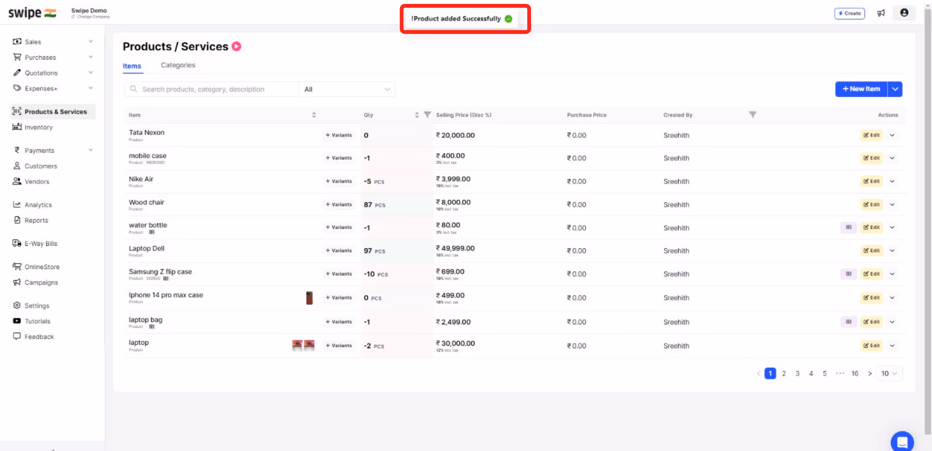 product added successfully