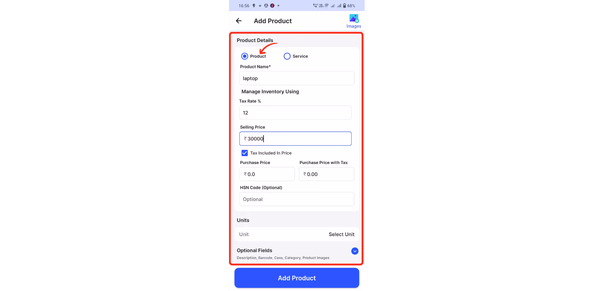 Fill in the product details 
