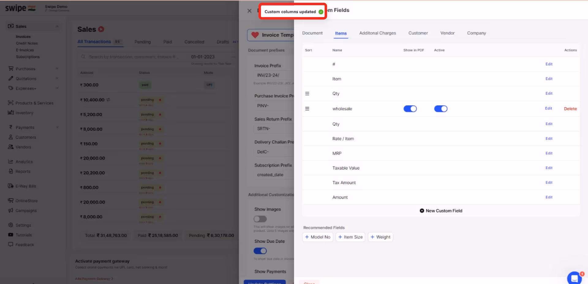 custom columns added succesfully