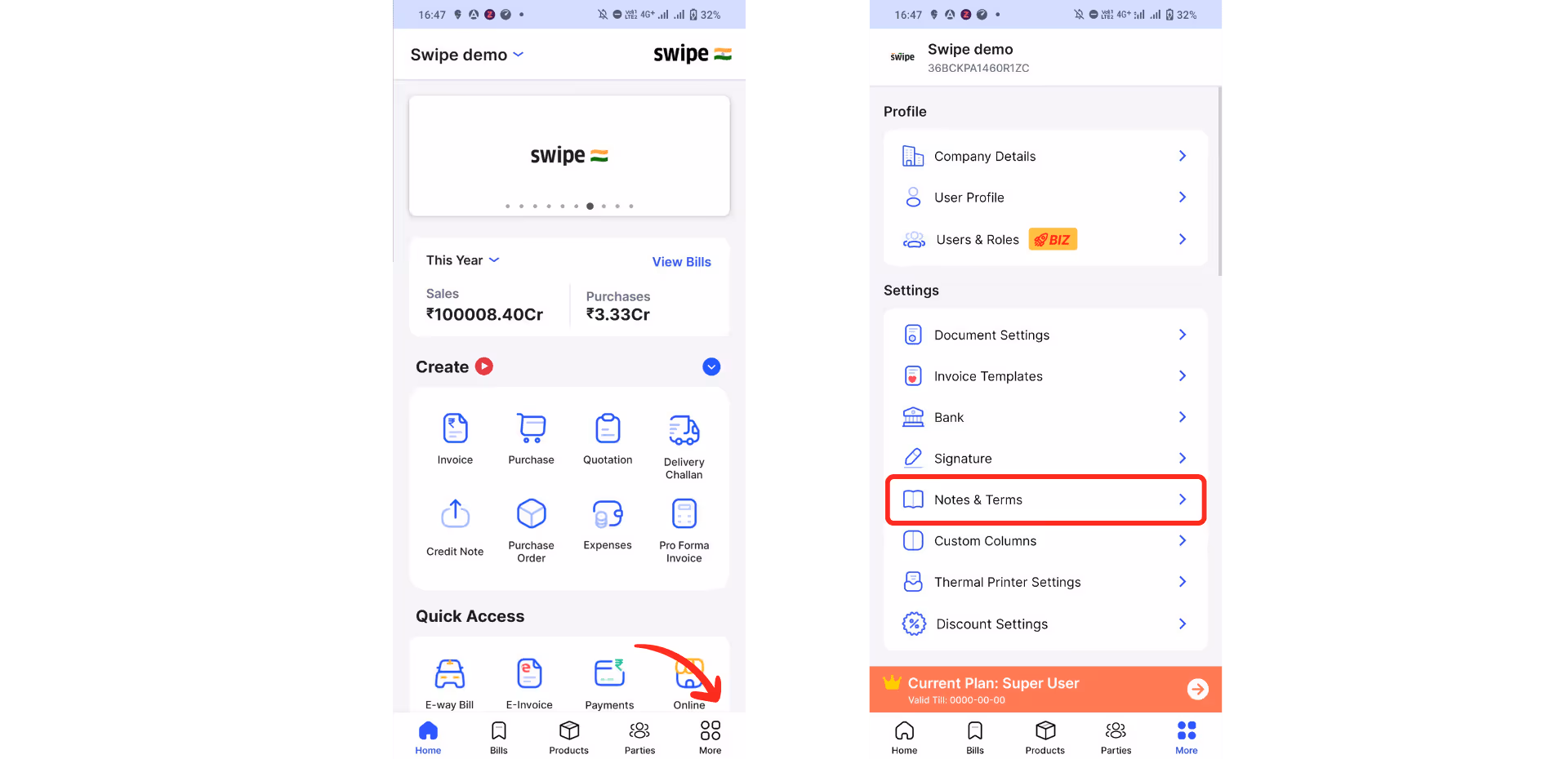 Choose notes and terms