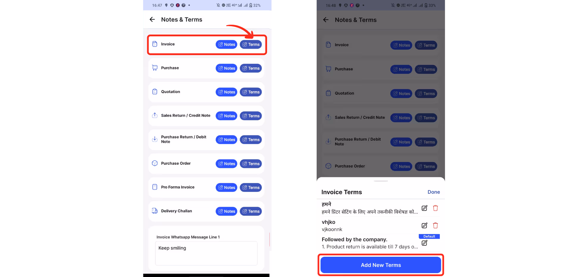 click add new terms