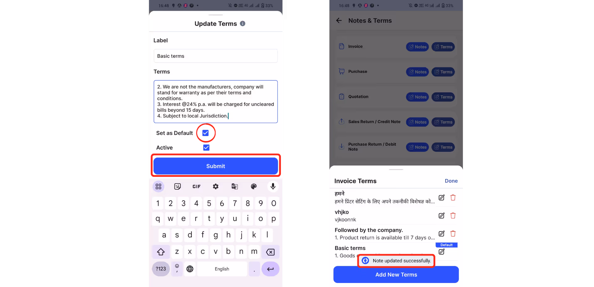 set the terms as default