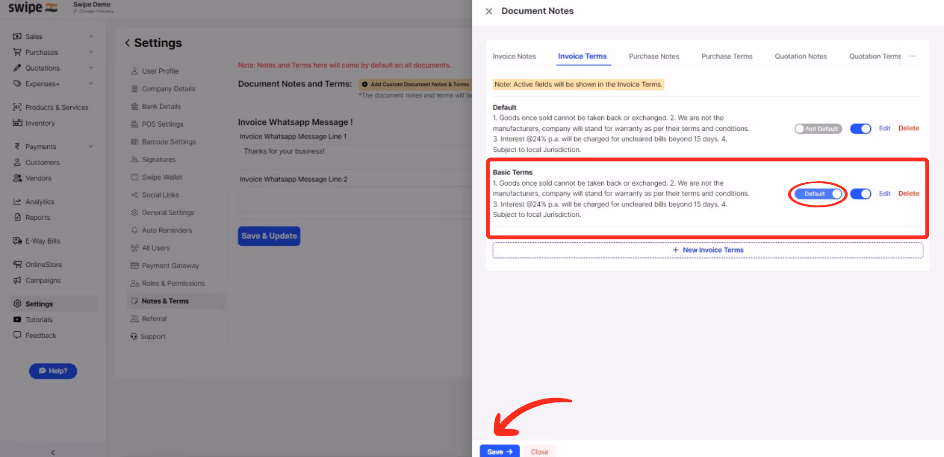 Add Default Invoice Terms