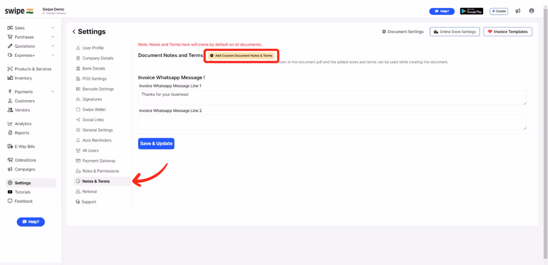 Add custom document notes and terms