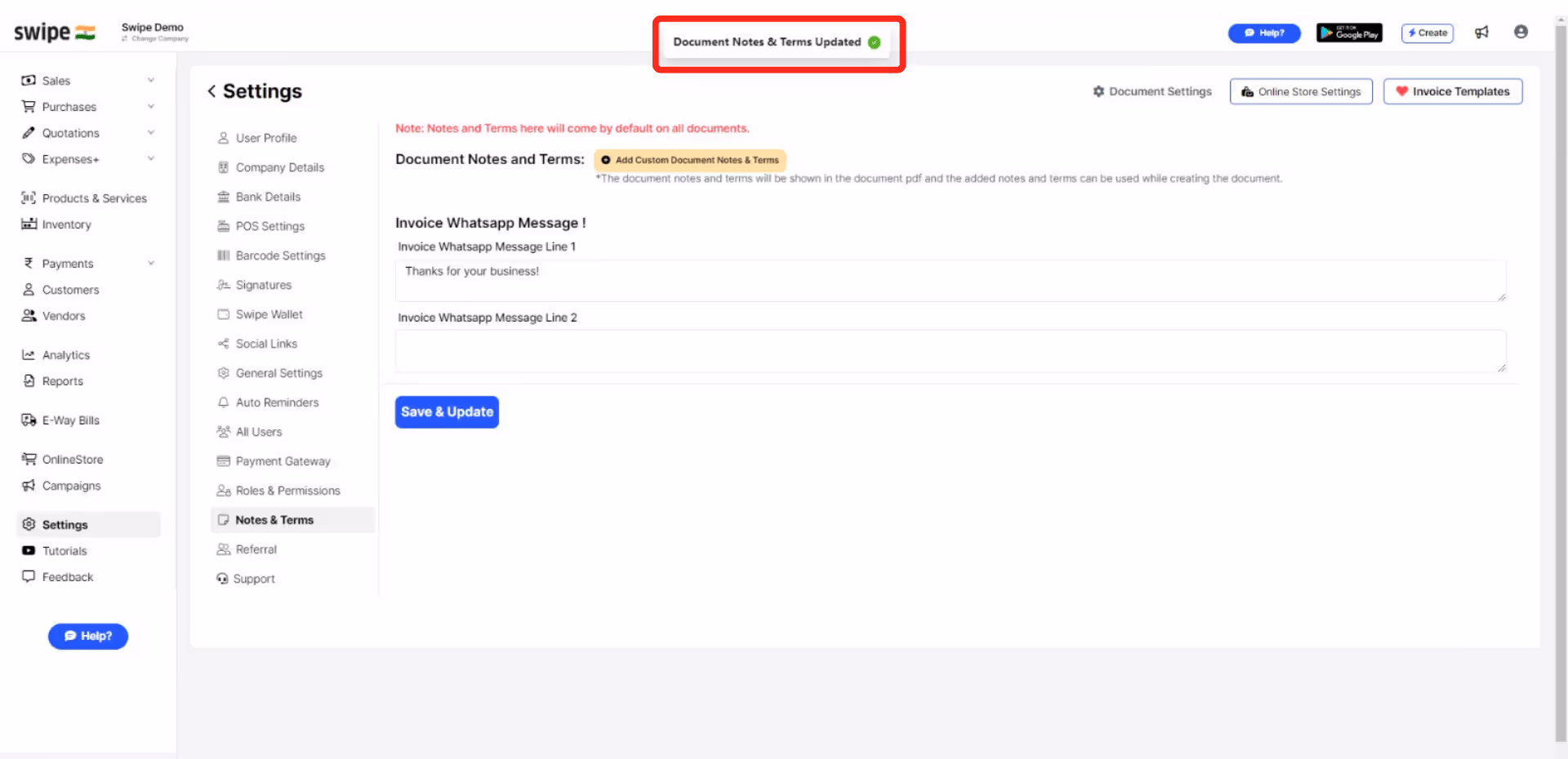 Default Invoice terms added successfully 
