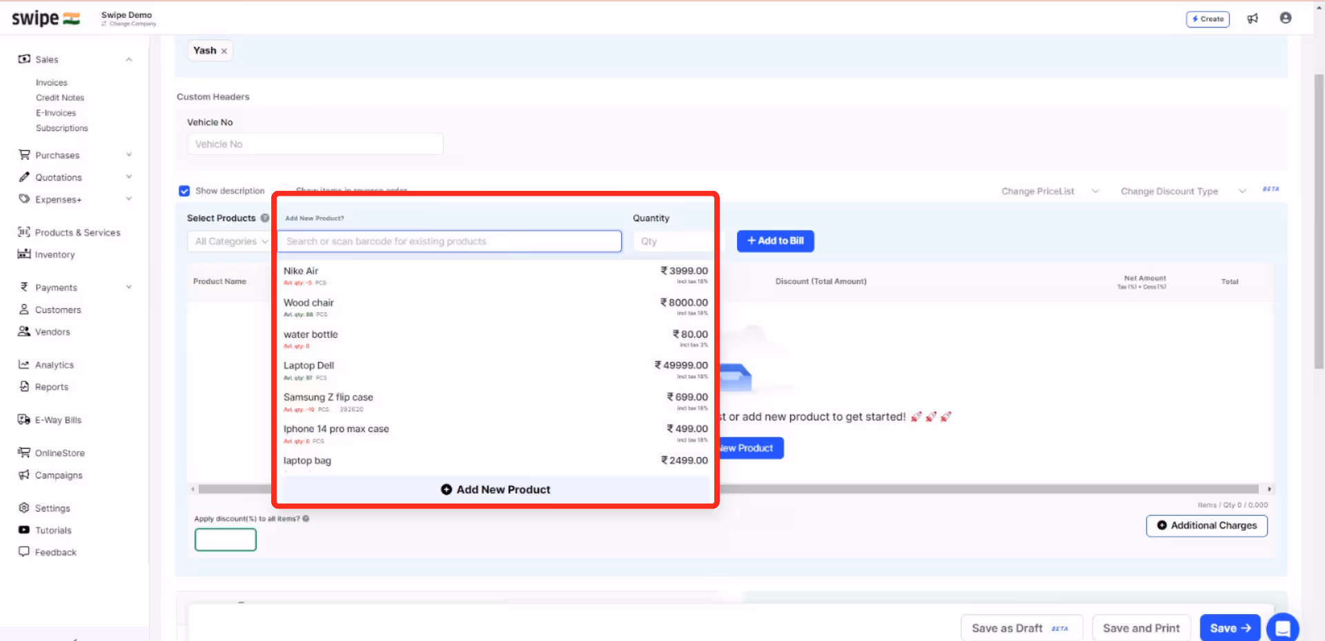 fill in product details