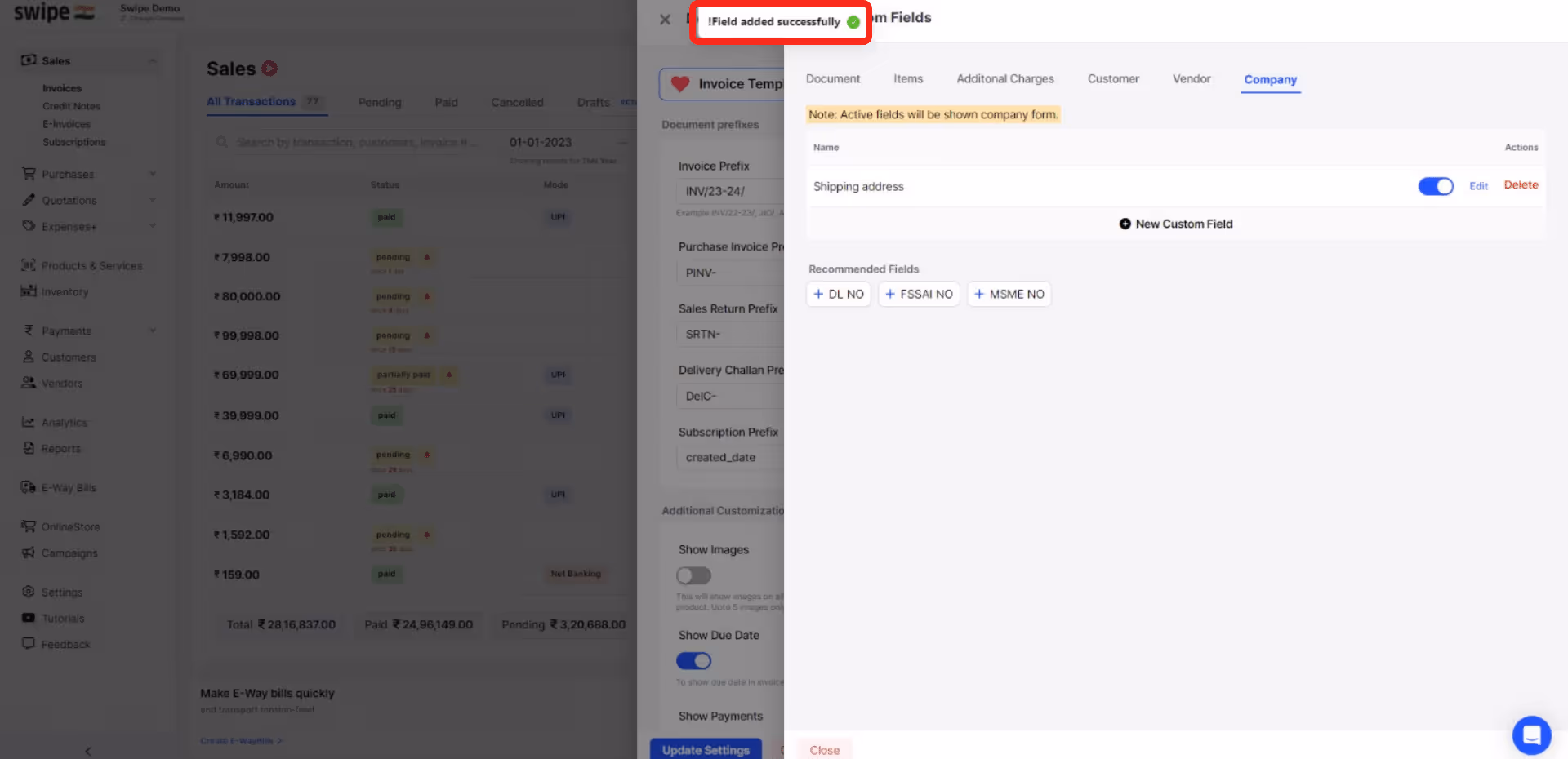 custom field added successfully