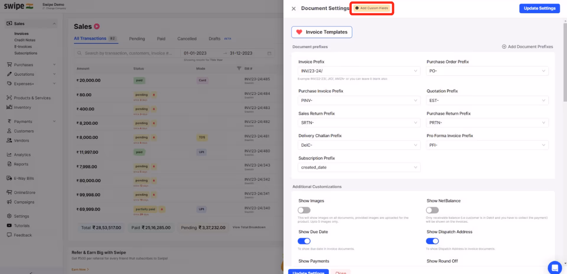 click on custom fields 