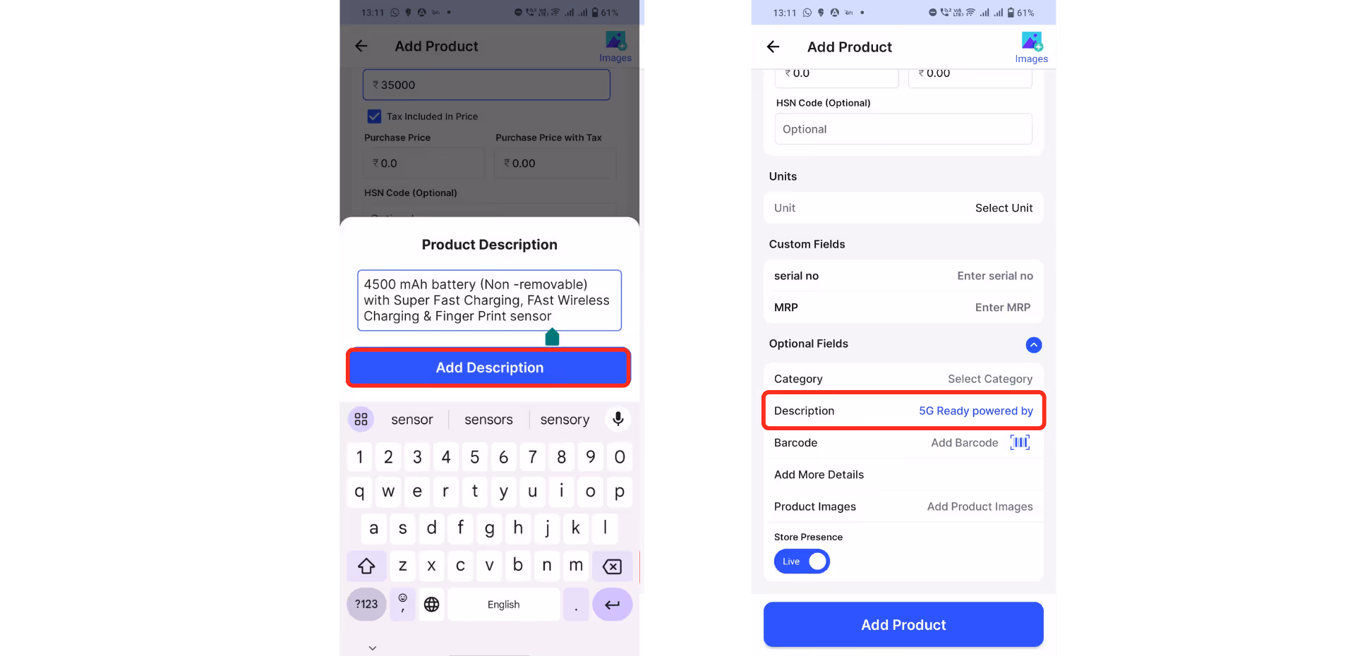 description of the product added successfully 