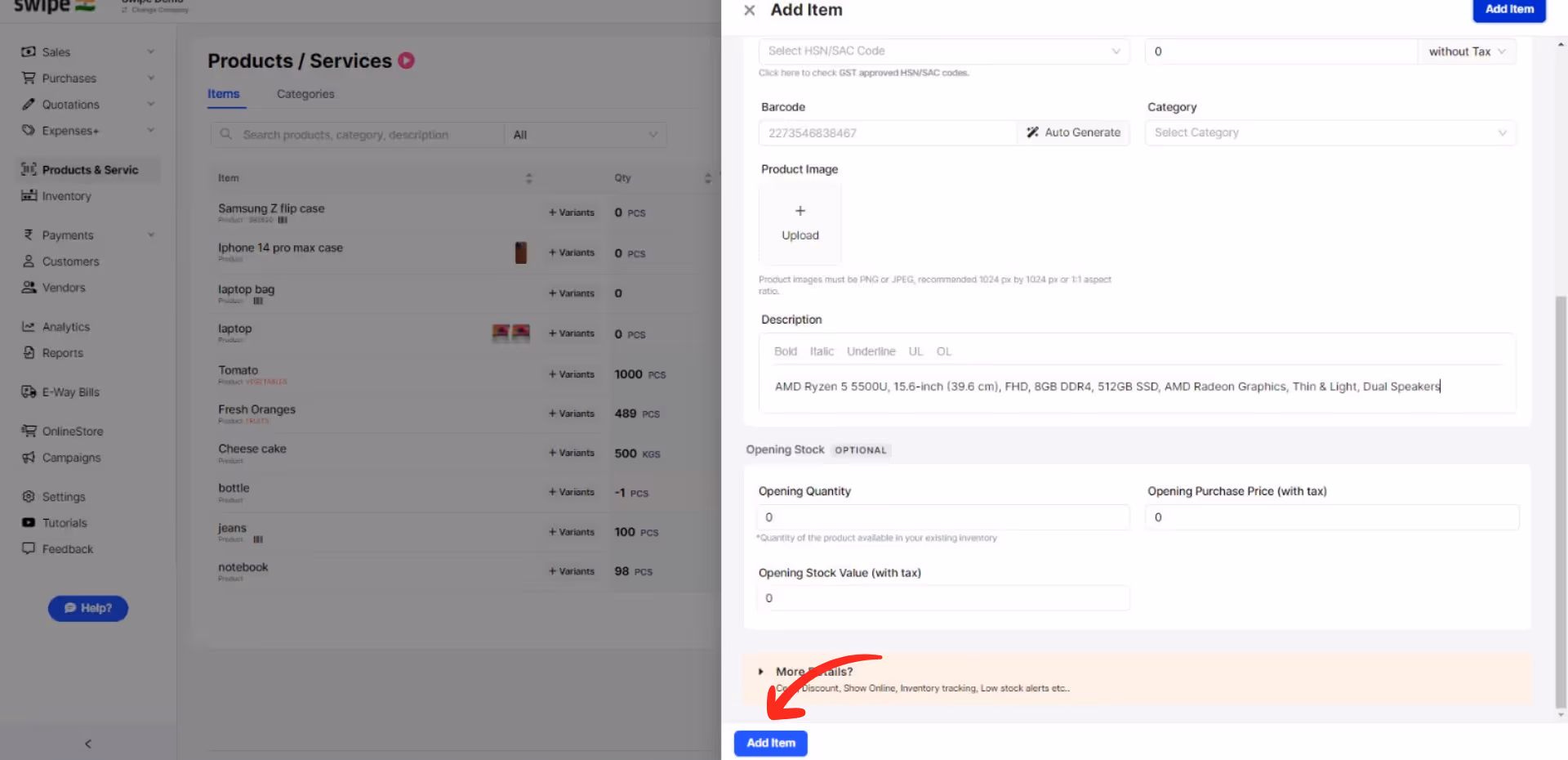 Click on Add item