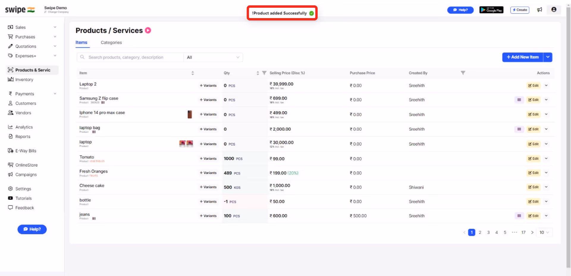 Product with an description added successfully
