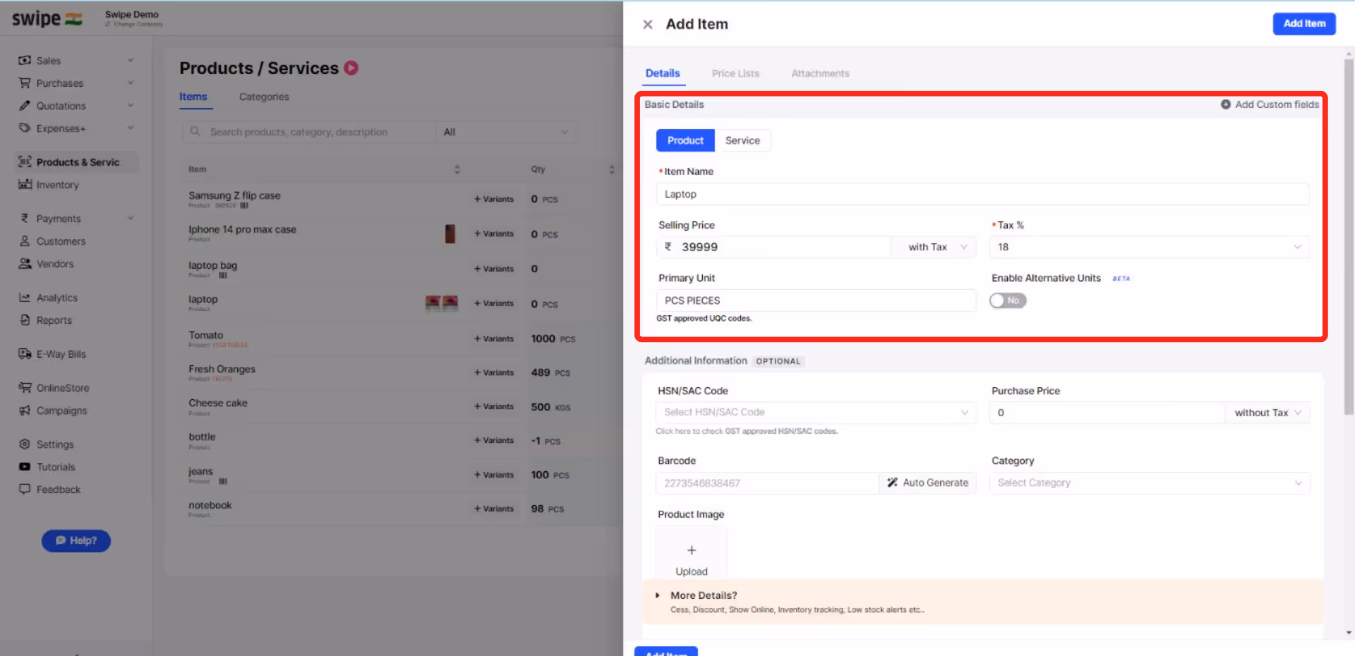 Fill in the basic product details