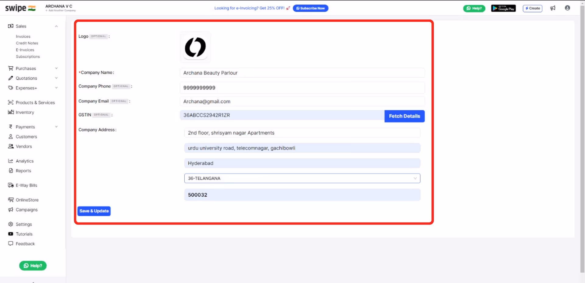 fill in the business details 
