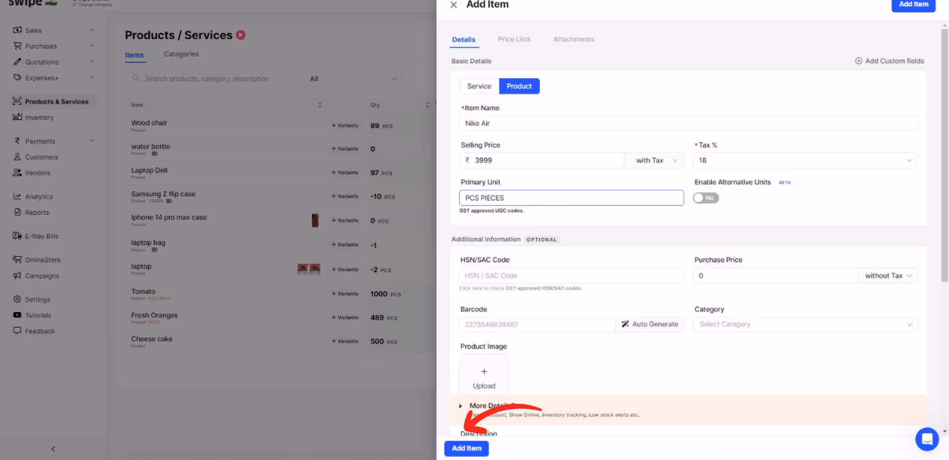 click on add item 