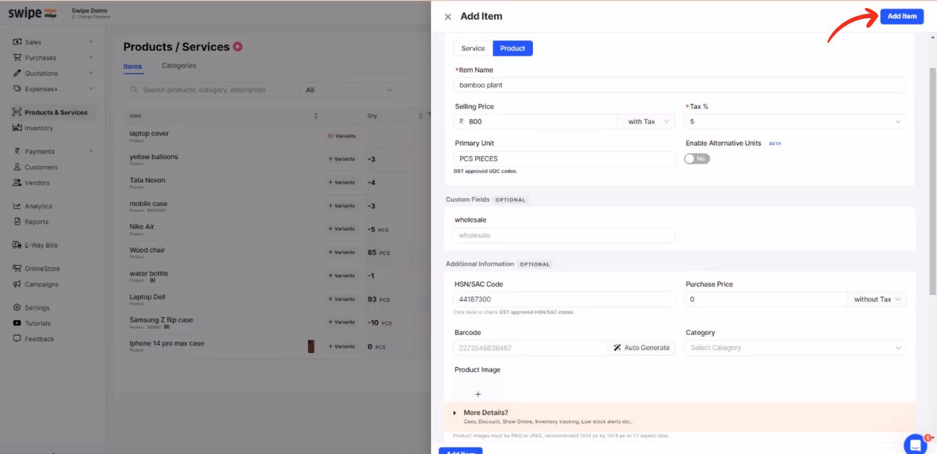 click on add item