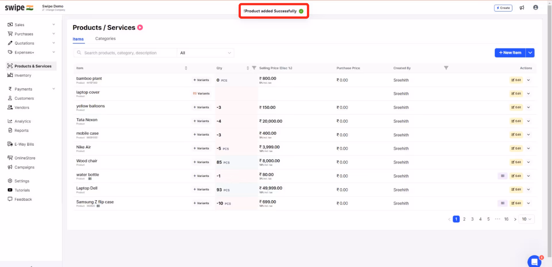 product added successfully