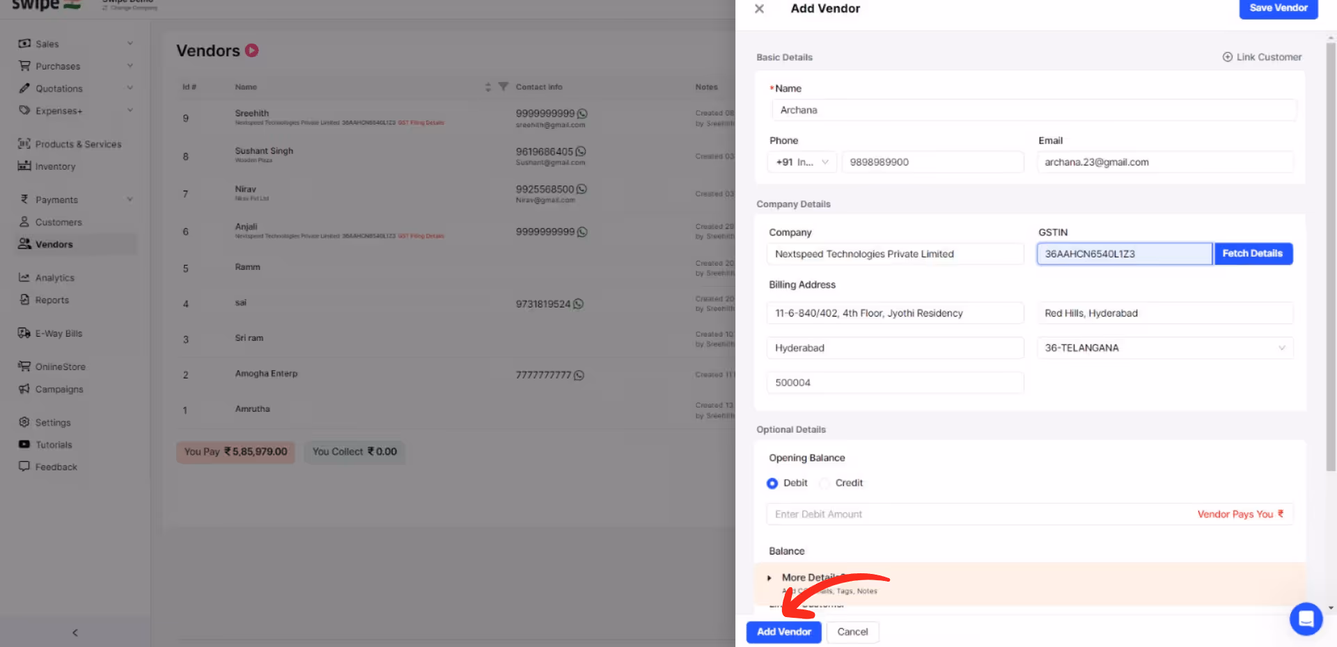 click on save vendor