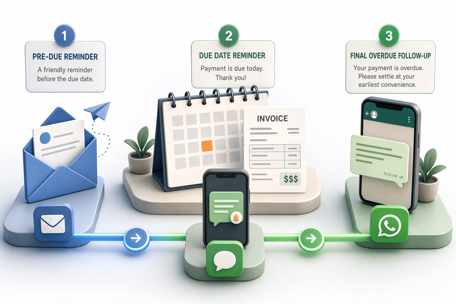 Illustration for: Using WhatsApp, Email, and SMS Together for Payment Collection