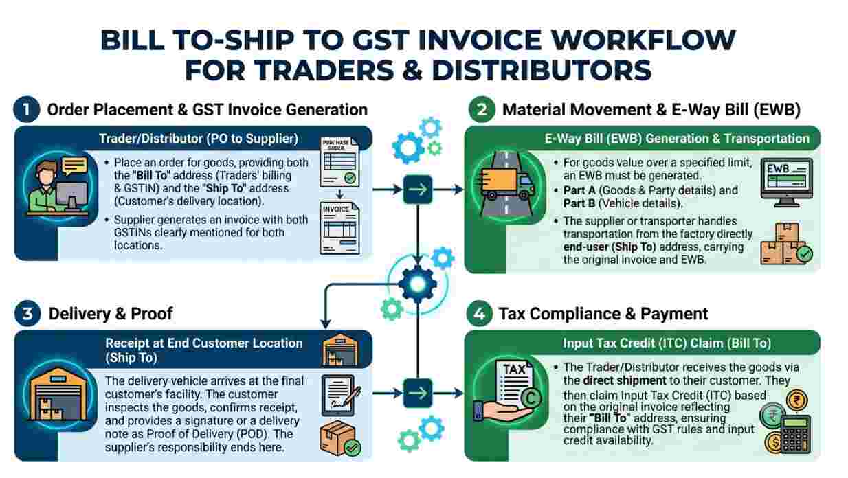 Bill to–ship to GST invoice workflow for traders and distributors
