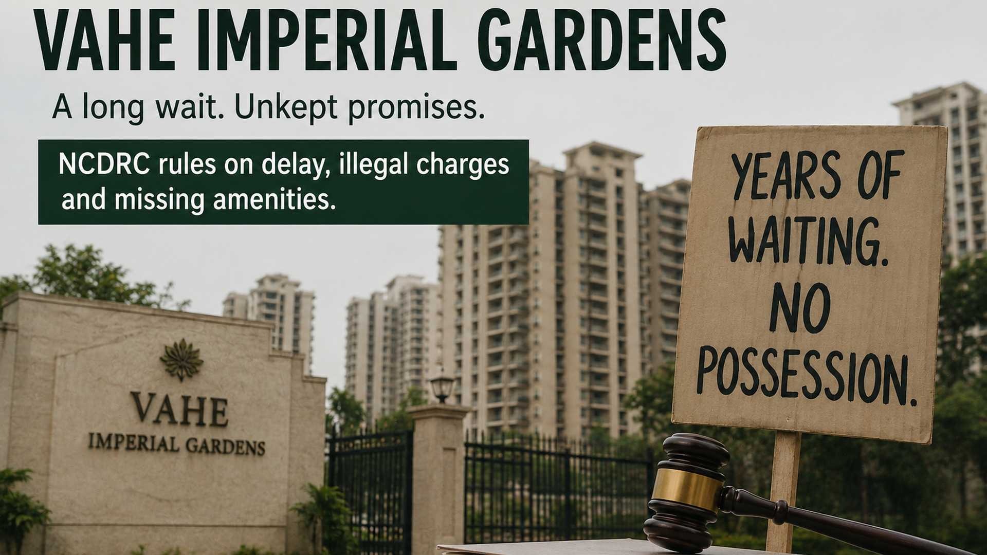 Vahe Imperial Gardens entrance gate with high-rise towers, a placard reading years of waiting no possession, and a gavel, representing the NCDRC ruling on delayed homebuyer possession