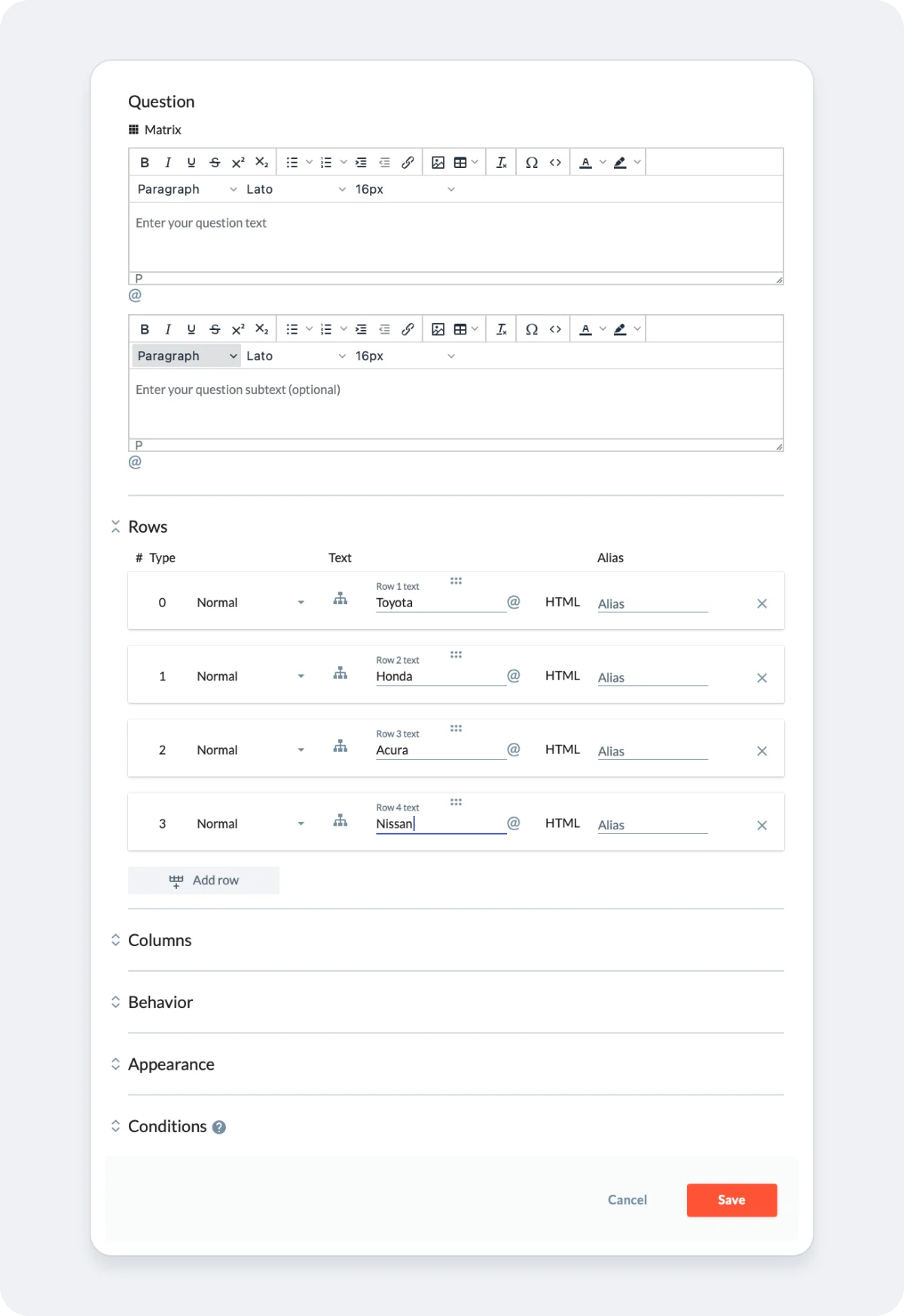 Adding and configuring the Matrix question