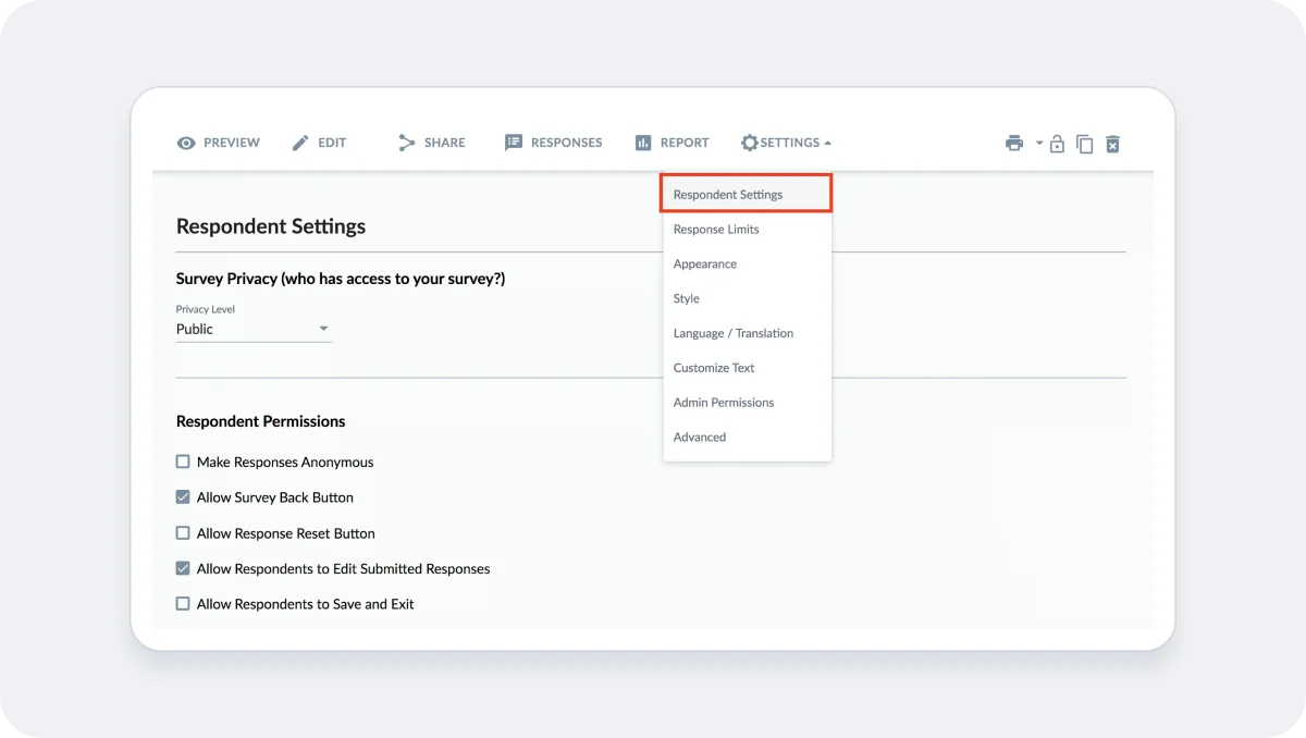 Settings -> Respondent Settings