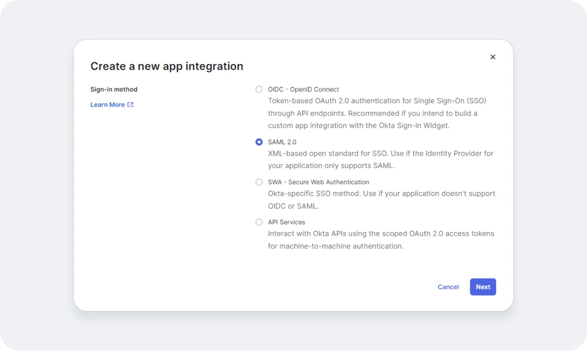 Configuring Okta for SAML: Step 1