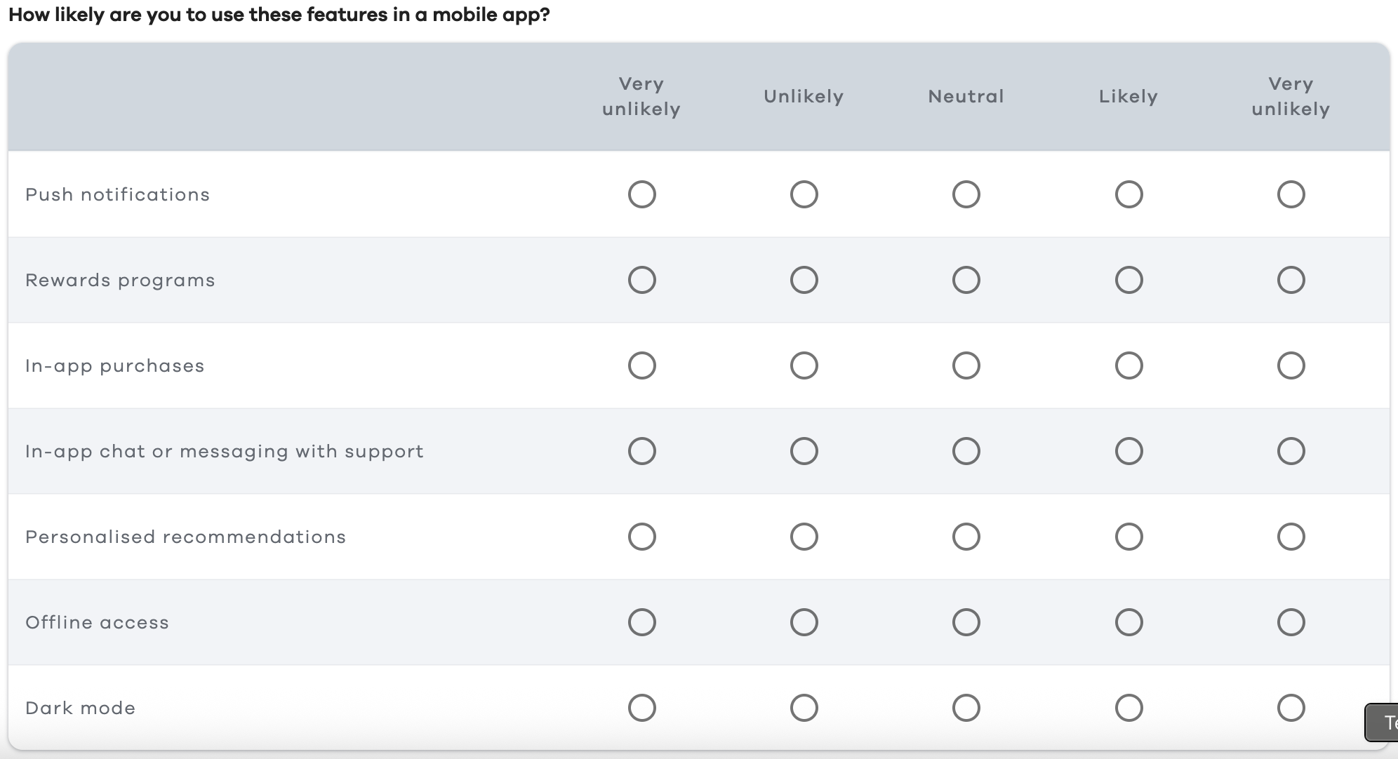 Multiple-choice questions matrix mobile app example