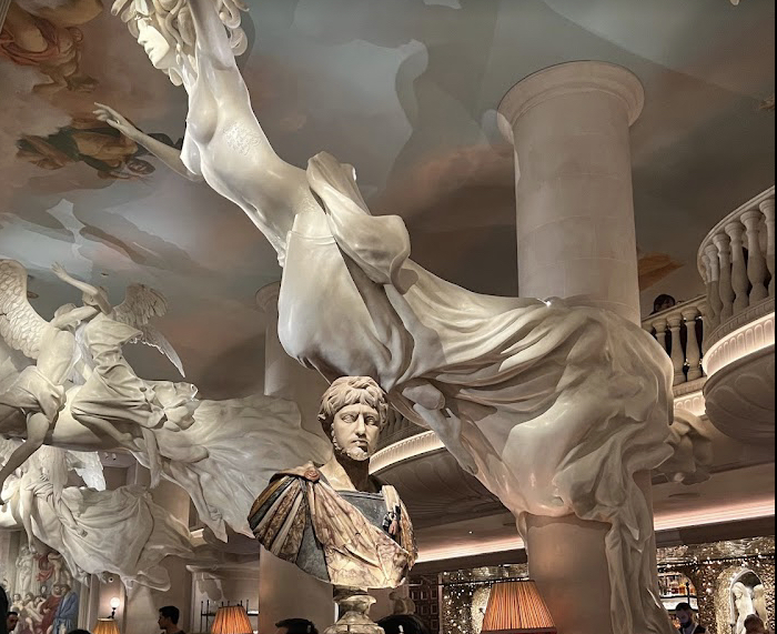 Dramatic interior design at the Greek Mediterranean restaurant Bacchanalia.
