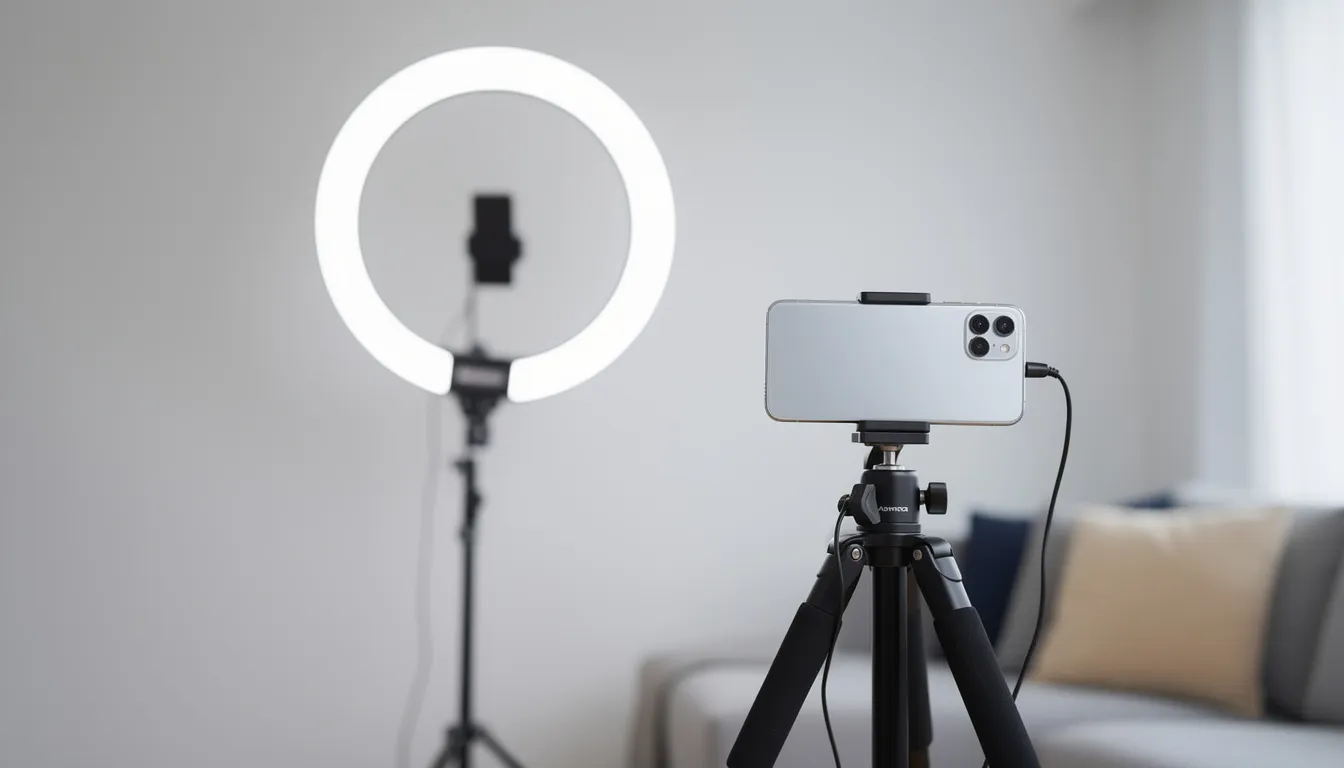 The image shows a well-lit home photography setup featuring a ring light illuminating a smartphone mounted on a tripod, with a clean and uncluttered background, ideal for adult content creators looking to create quality content for their OnlyFans accounts. This professional arrangement is perfect for capturing high-quality images or videos to attract potential subscribers on social media platforms.