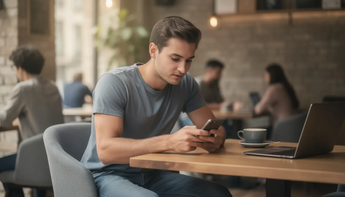 A young man is casually seated, focused on typing on his smartphone, possibly crafting a compelling bio for his OnlyFans profile. The relaxed setting suggests engagement in creating unique content to attract potential subscribers.