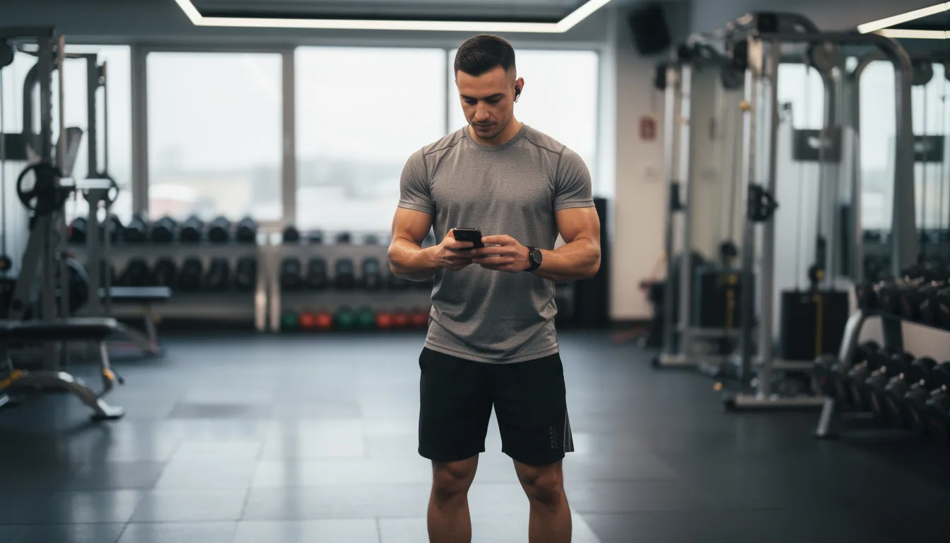 An athletic male figure stands in a gym, intently checking his phone while dressed in workout attire. The setting features exercise equipment in the background, emphasizing a focus on fitness and health, which could resonate with potential subscribers on platforms like OnlyFans.