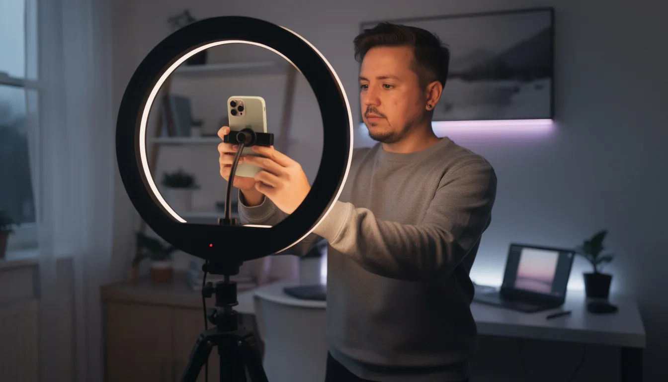 A content creator is setting up a ring light and positioning a smartphone for filming, preparing to produce exclusive content for their audience on social media platforms like OnlyFans. This setup is crucial for maximizing visibility and engagement rates, helping to drive traffic and attract potential subscribers.