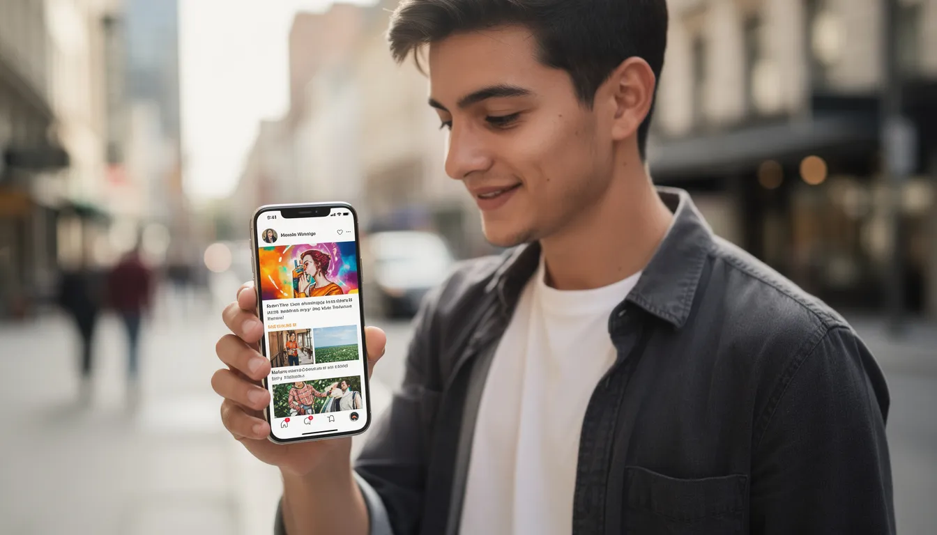A person is holding a smartphone that displays vibrant social media content, showcasing their personal brand and promotional efforts as an OnlyFans creator. The image highlights the importance of engaging with potential subscribers and driving quality traffic to their OnlyFans page for better outcomes.