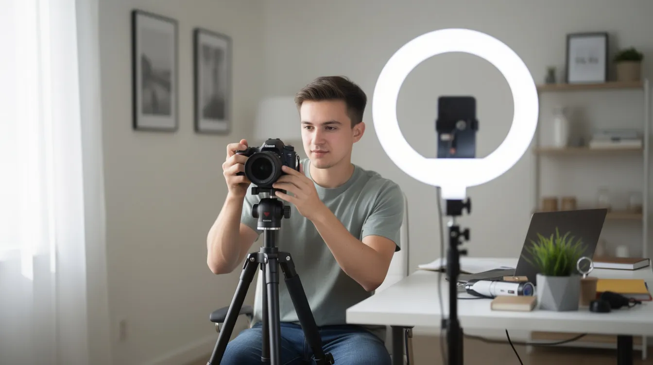 The image shows a content creator setting up a camera and ring light for a photo shoot, preparing to capture exclusive content for their social media accounts. This scene highlights the behind-the-scenes effort that goes into creating engaging material for platforms like OnlyFans, where many creators connect with their fans.