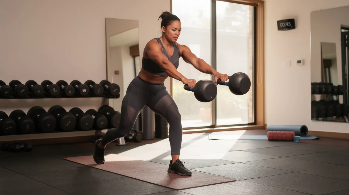 The image shows a person exercising with kettlebells in a well-equipped home gym, demonstrating strength and fitness. The environment reflects a focus on body positivity and wellness, highlighting the importance of maintaining an active lifestyle.