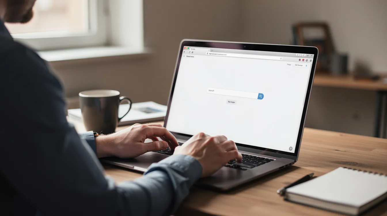 A person is seated at a desk, focused on their laptop computer as they utilize search engines to find OnlyFans profiles and creators. The screen displays search results, indicating their effective method for exploring various users and content online.