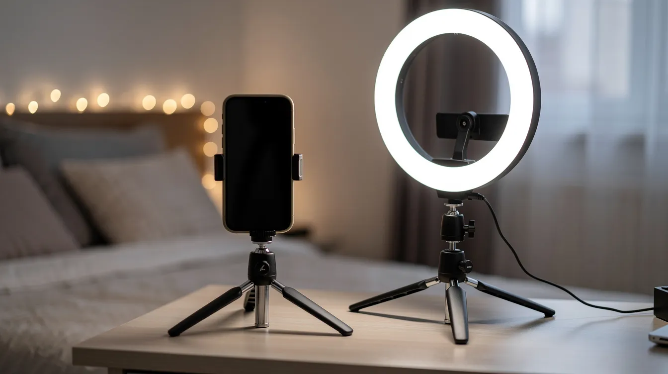 A smartphone is mounted on a small tripod next to a ring light in a cozy bedroom setting, creating an ideal space for content creators to film high-quality videos for their onlyfans page or other social media platforms. The warm lighting and organized setup suggest a focus on producing engaging and exclusive content for potential subscribers.