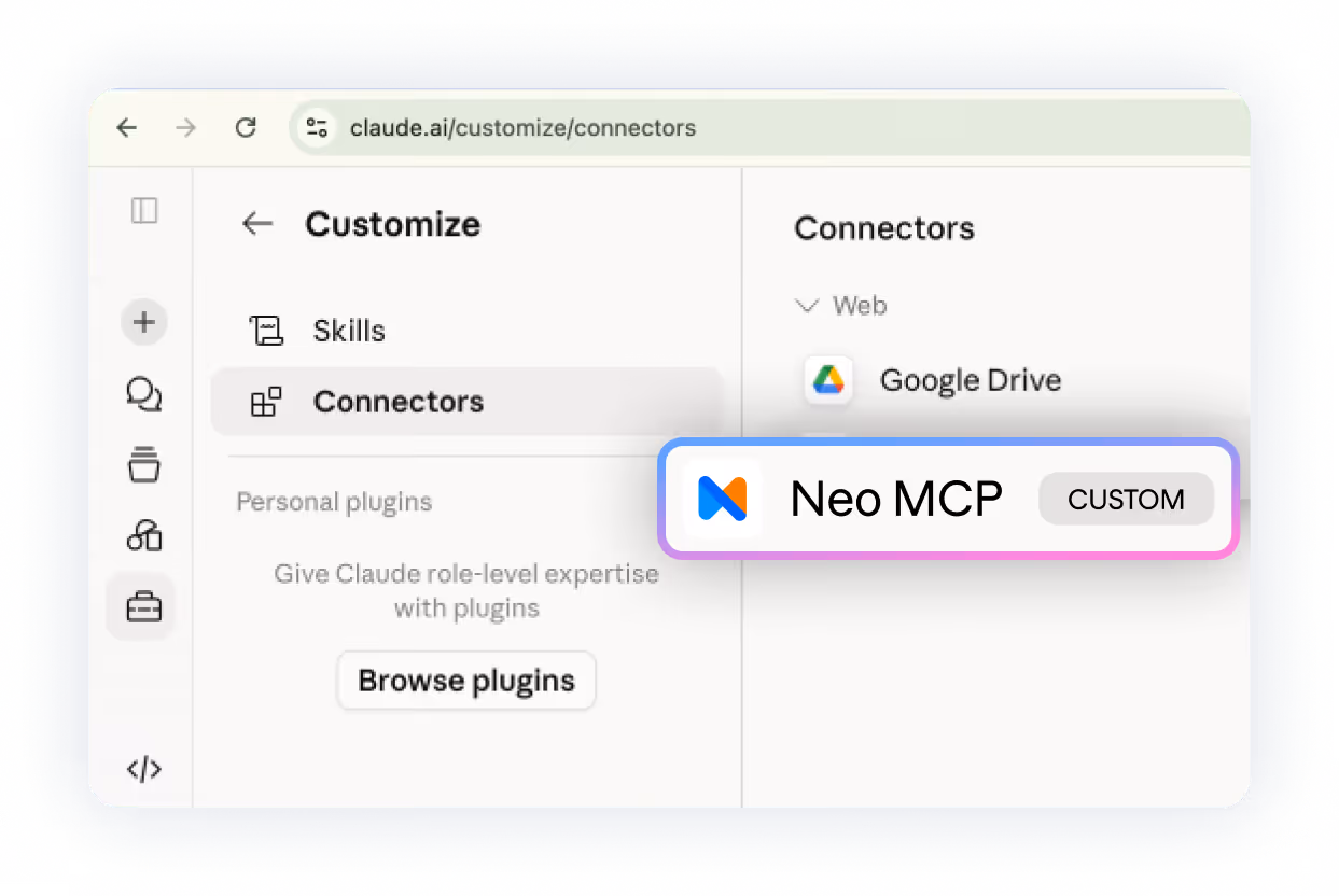 Web interface showing Customize menu with Connectors selected and Neo MCP custom connector highlighted.