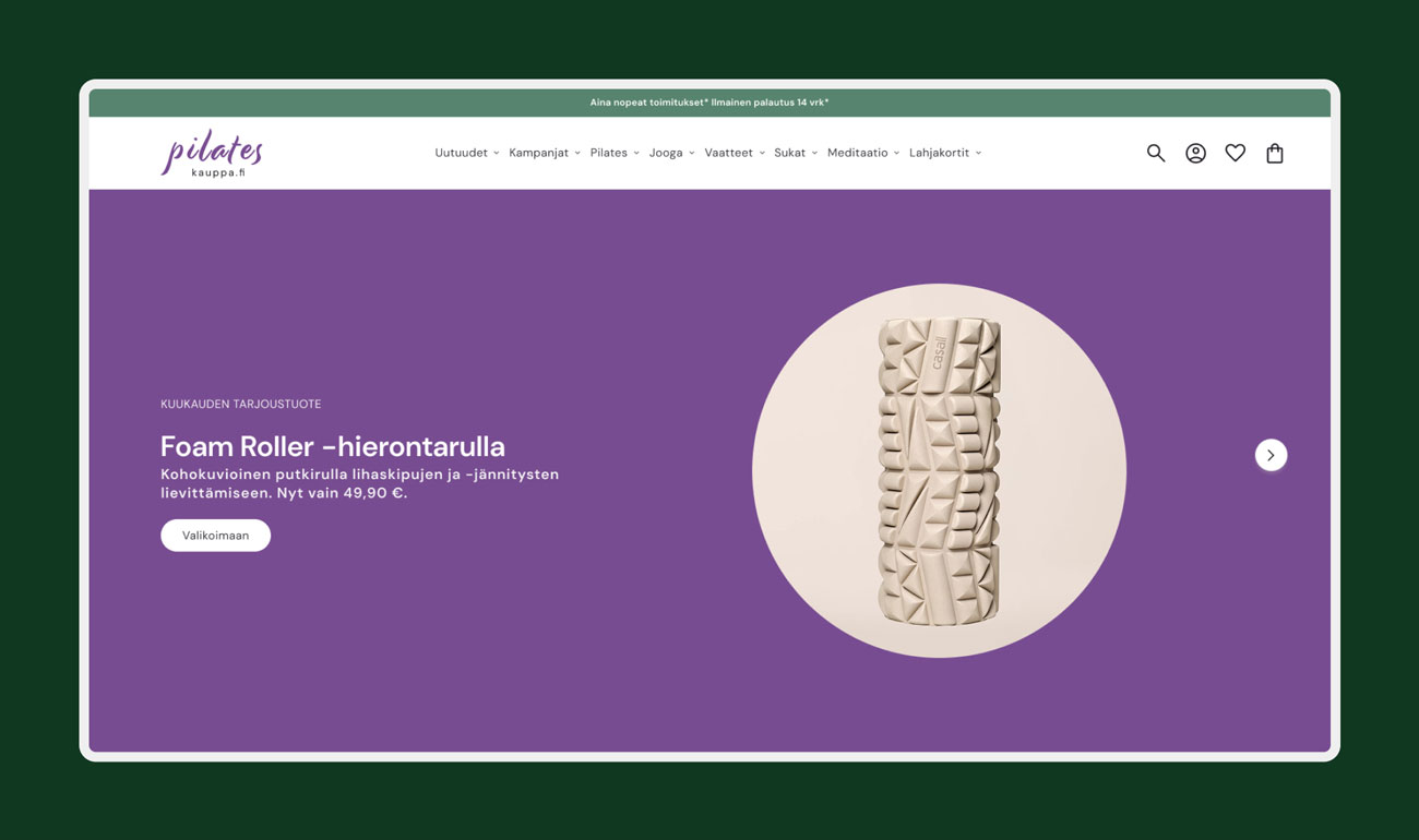 Pilateskauppa online store front page on desktop and mobile after the brand refresh