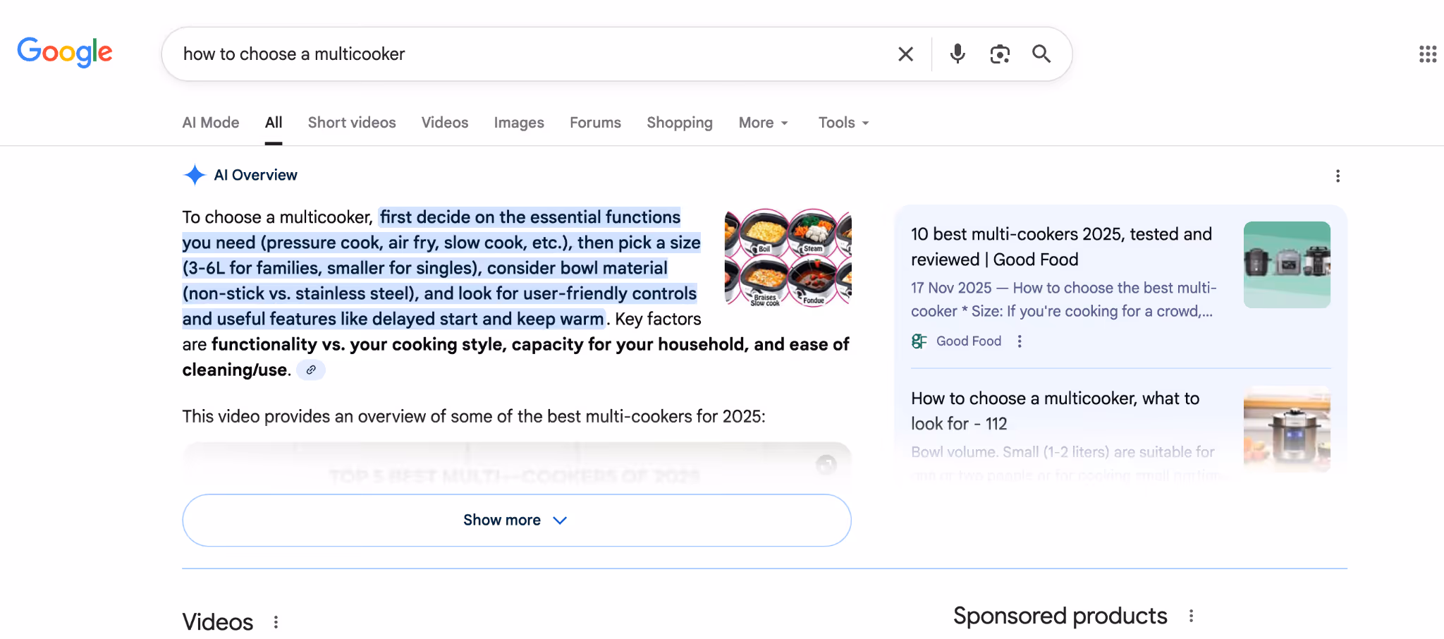 Example of a commercial query in AI Overviews