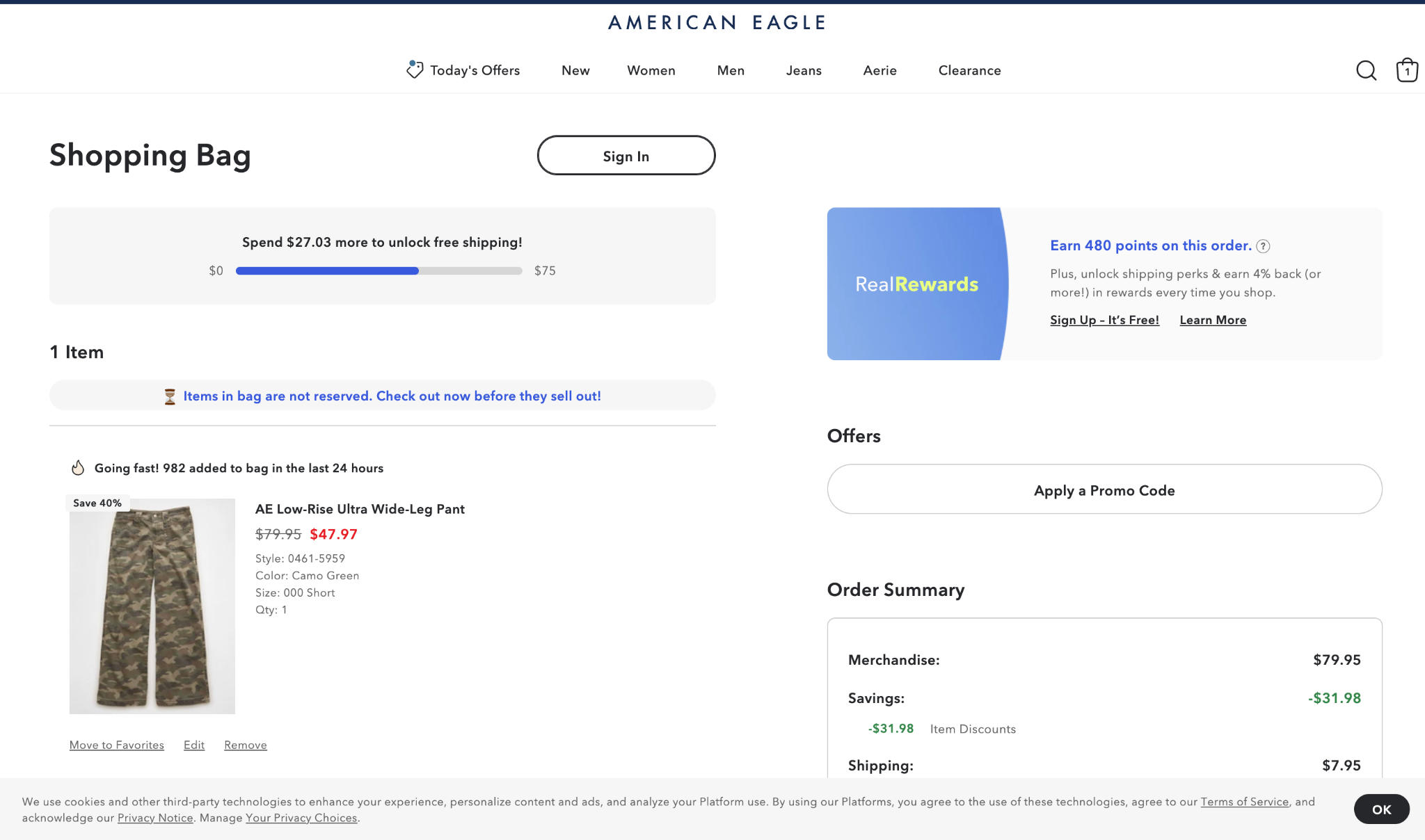 Example of the Free Shipping Progress Bar