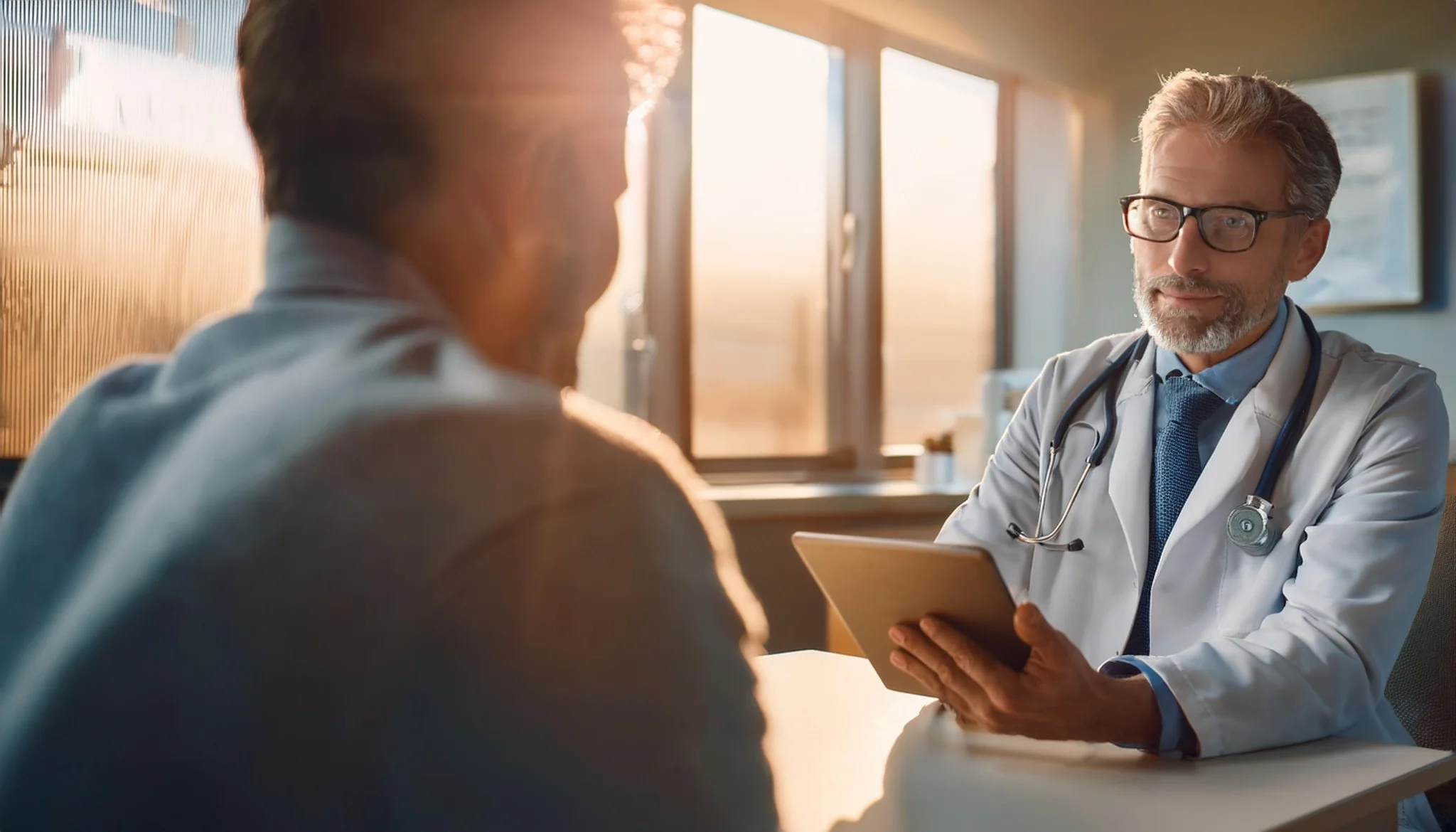 Arzt spricht mit Patienten in einer Praxis; Arzt hält ein Tablet in der Hand