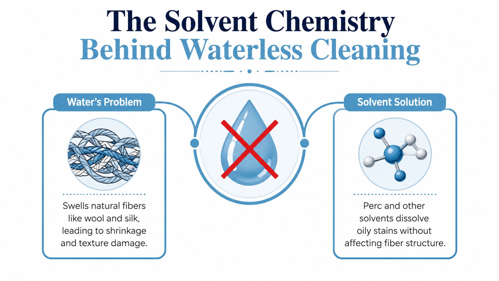 An infographic explaining how solvents like Perc clean delicate fabrics without causing water-based damage like shrinkage.