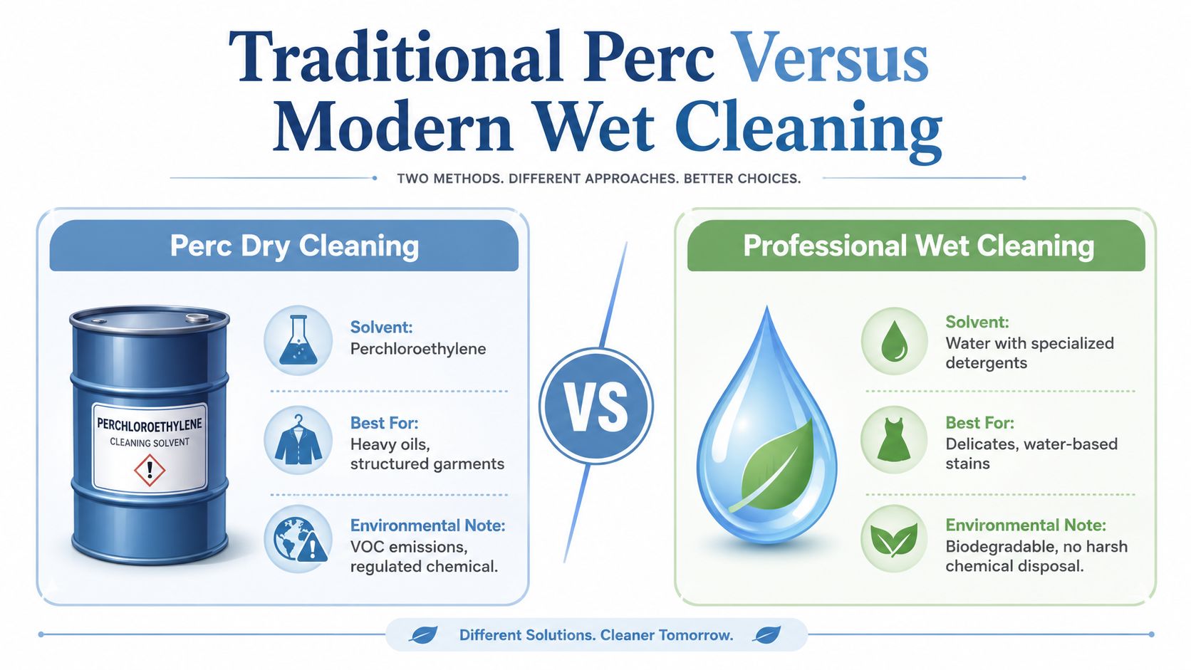 A comparison infographic between traditional perchloroethylene dry cleaning and modern professional wet cleaning methods.